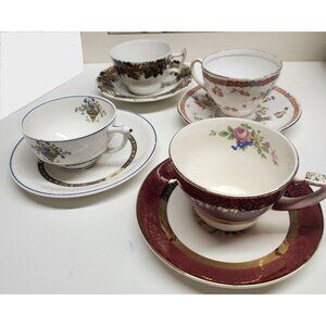 Mismatched China Tea Cups & Saucers Reds 4 Sets Red Neutrals